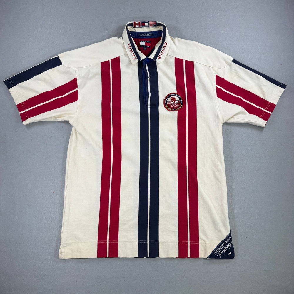 Vintage Tommy Hilfiger International Games Polo Shirt Men XL Striped Canada USA